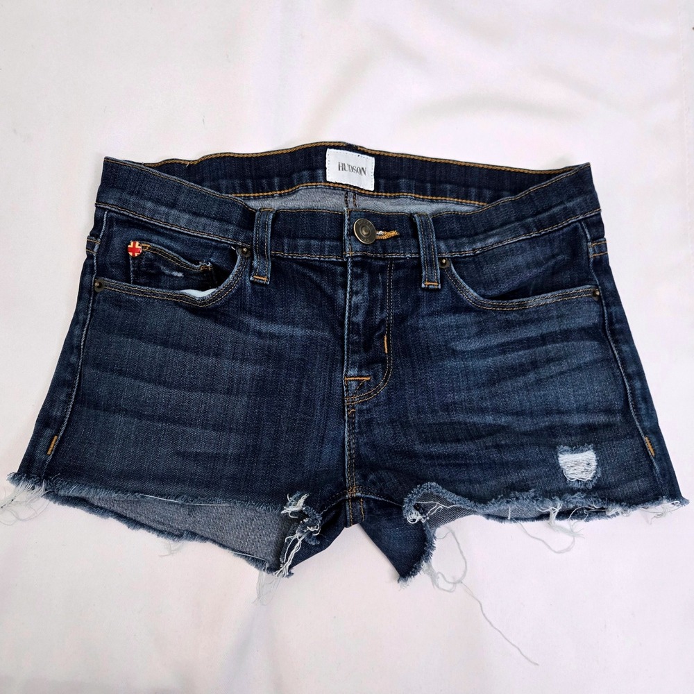Hudson Colette Midrise Skinny Denim Jean Shorts‎ Womens 26 Dark Wash Distressed